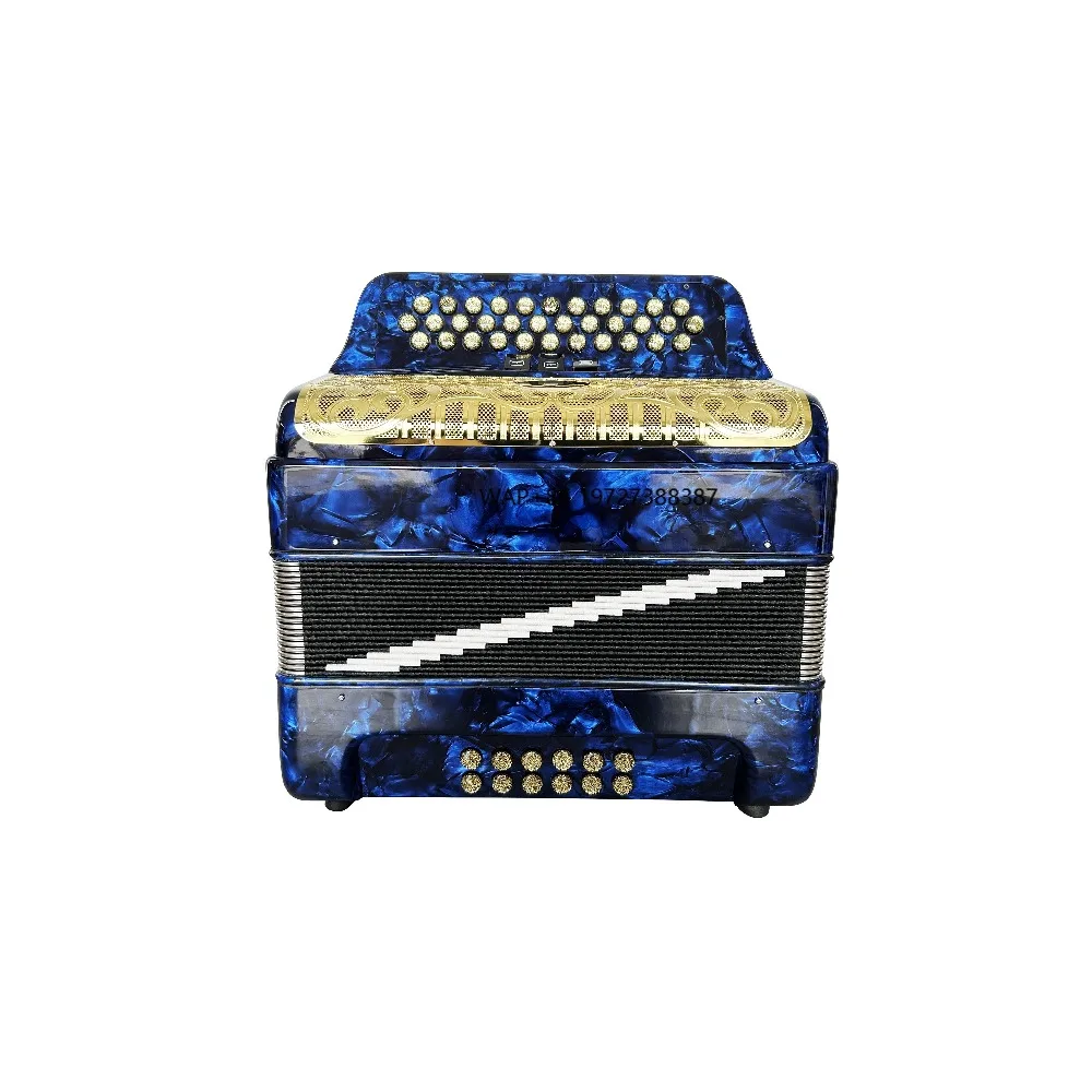 

Professional 34-Button 12-Bass 3-Register Blue Celluloid Gold Grill Accordion JB3412C with Gold Buttons