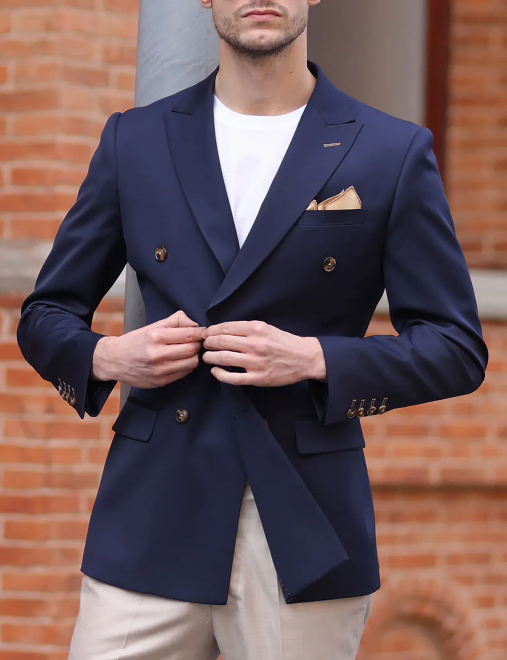 

Men Casual Suit Classic Navy blue Double-breasted Metal Buttons High Quality Top Shirt Regular Length Retro Jacket
