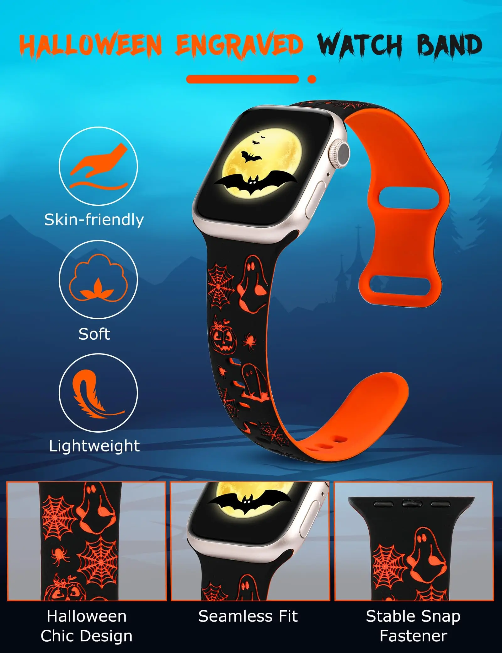 Wearlizer Halloween Pumpkin Band for Apple Watch Band 41/40/49/45/44/42mm Two-Tone Silicone Strap for iWatch SE 9 8 7 6 Ultra