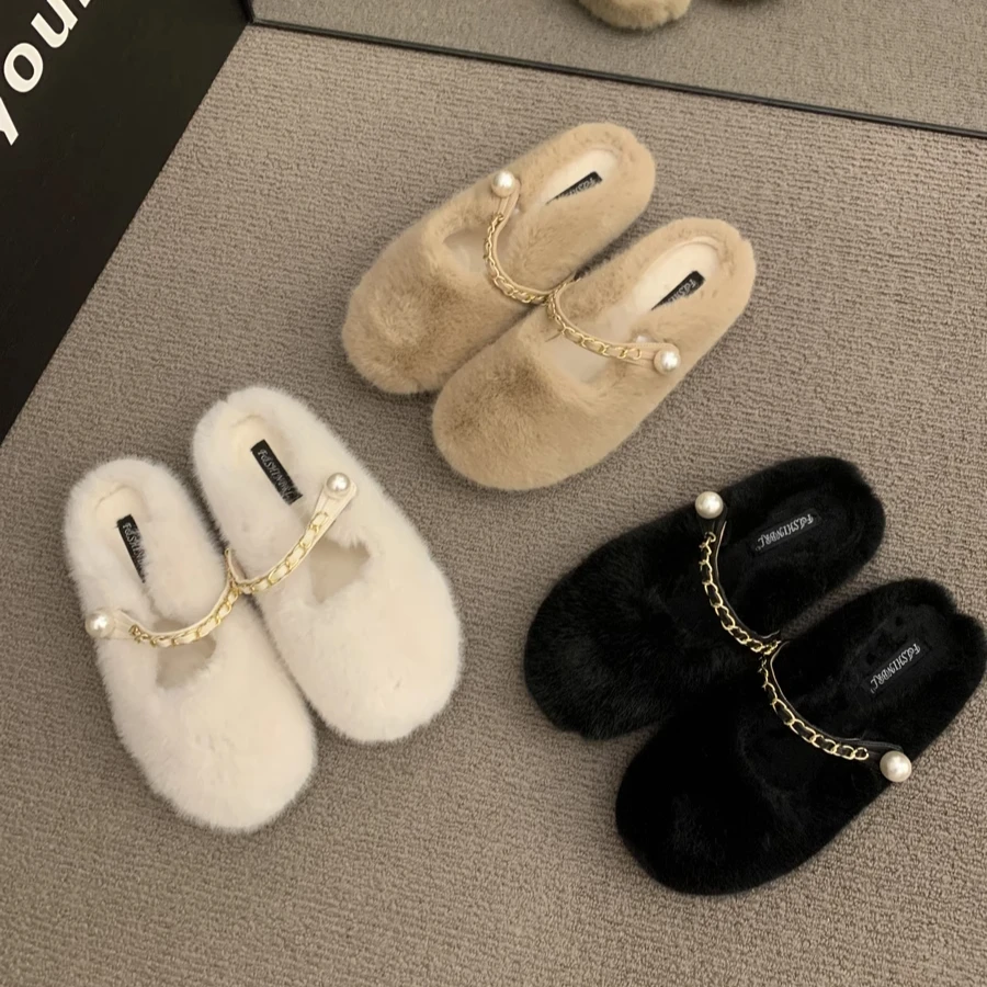 

2024 Autumn and winter new thick bottom plush cotton slippers outside wear Baotou soft bottom slippers pearl accessories