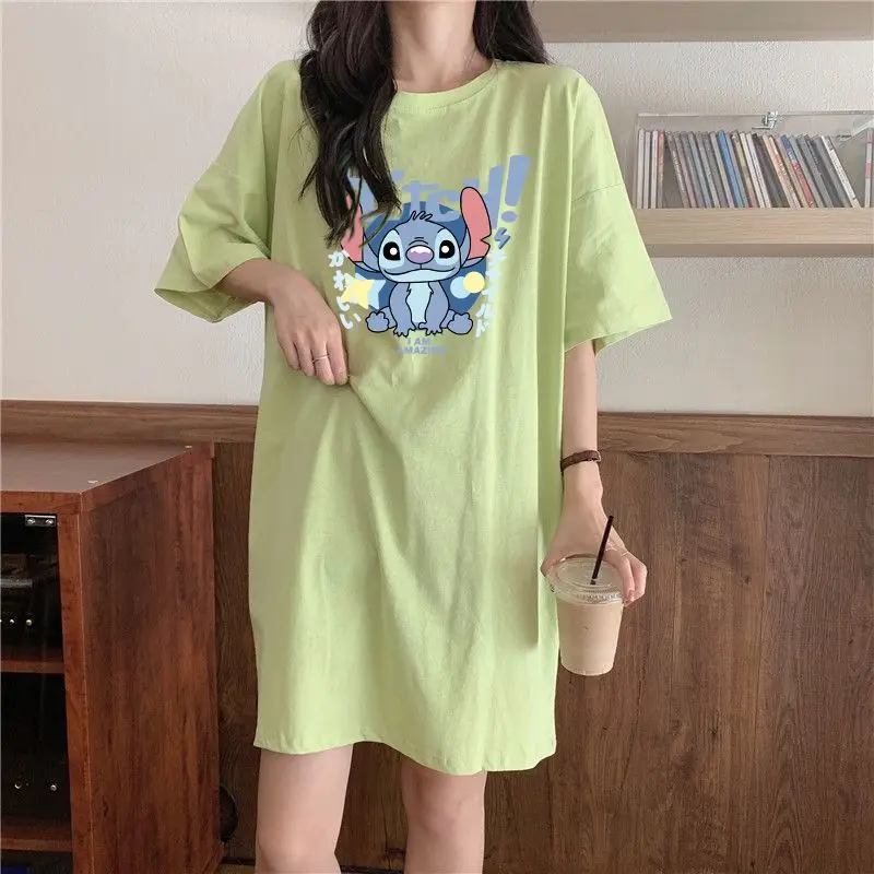 Kawaii Disney Stitch Nightdress for Women Cotton Cartoon New Short-Sleeved Loose and Versatile Dress That Can Be Worn Outside