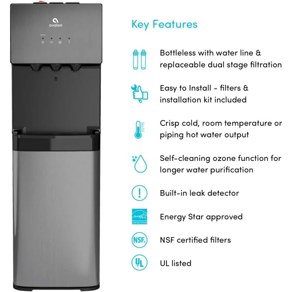 Self Cleaning Bottleless Water Cooler Dispenser, UL, NSF certified Filters, Black Stainless Steel, full size