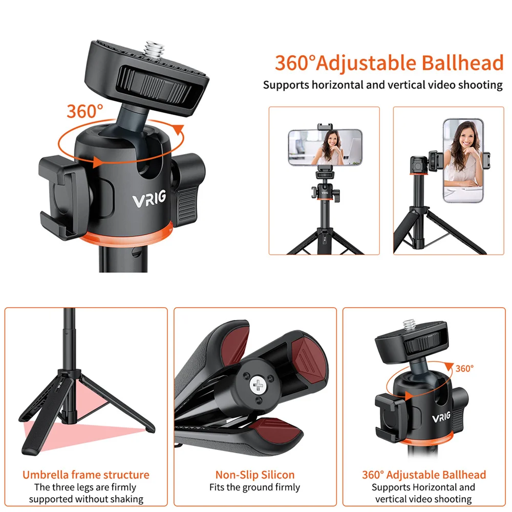 VRIG Aluminum Selfie Stick Tripod 1/4 ColdShoe Mount for Camera Smartphone Mic Light Extend Tripod 1.5kg Load for Live Streaming