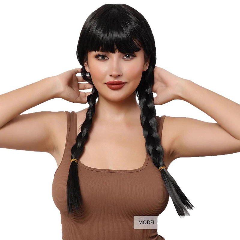 Mercoledì Addams Personaggio Cos Parrucca TV Dramma Mercoledì Cosplay Copricapo Capelli lunghi Festa Donna Partita Frangia dritta Doppia trecce