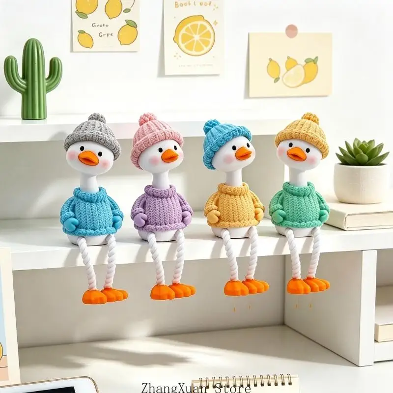 Set of 4 Duck Shelf Sitters Ornaments, PVC Figurines with Dangling Legs and Sweater Design for Separate Decorative Accent or