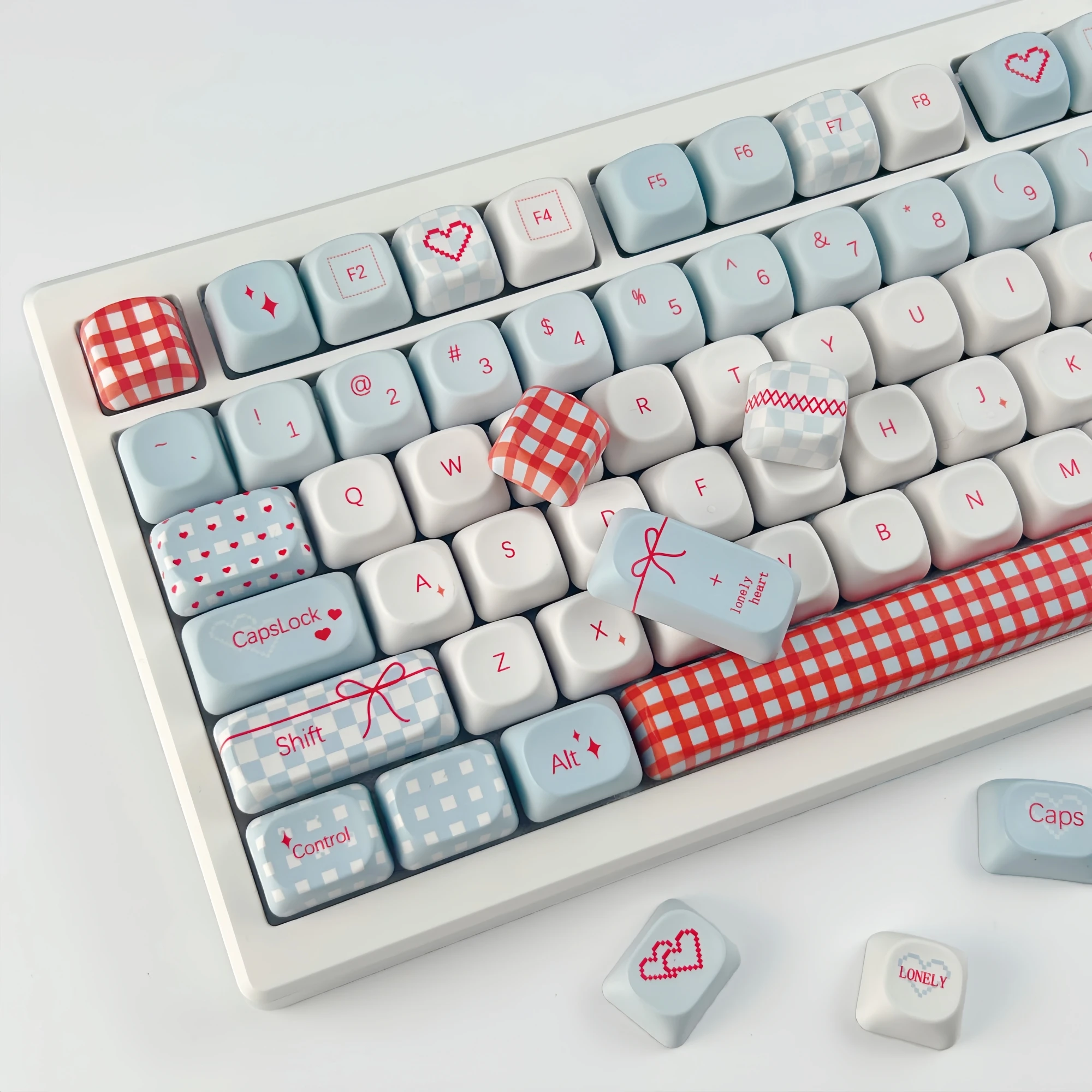 MAIMOOO Sweet Cute Keycaps MOA Profile Simple Red Blue Heart Bow Checkered Custom PBT Keycap for Aula Ajazz Mechanical Keyboard