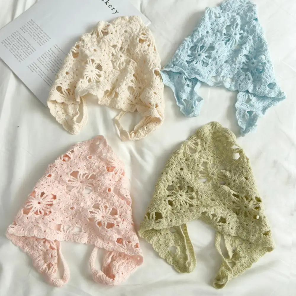 Ikat Kepala Jilbab Segitiga Gaya Pastoral Perancis Syal Rambut Rajutan Handuk Ikat Kepala Rajutan Berongga Ikat Rambut Bunga Retro