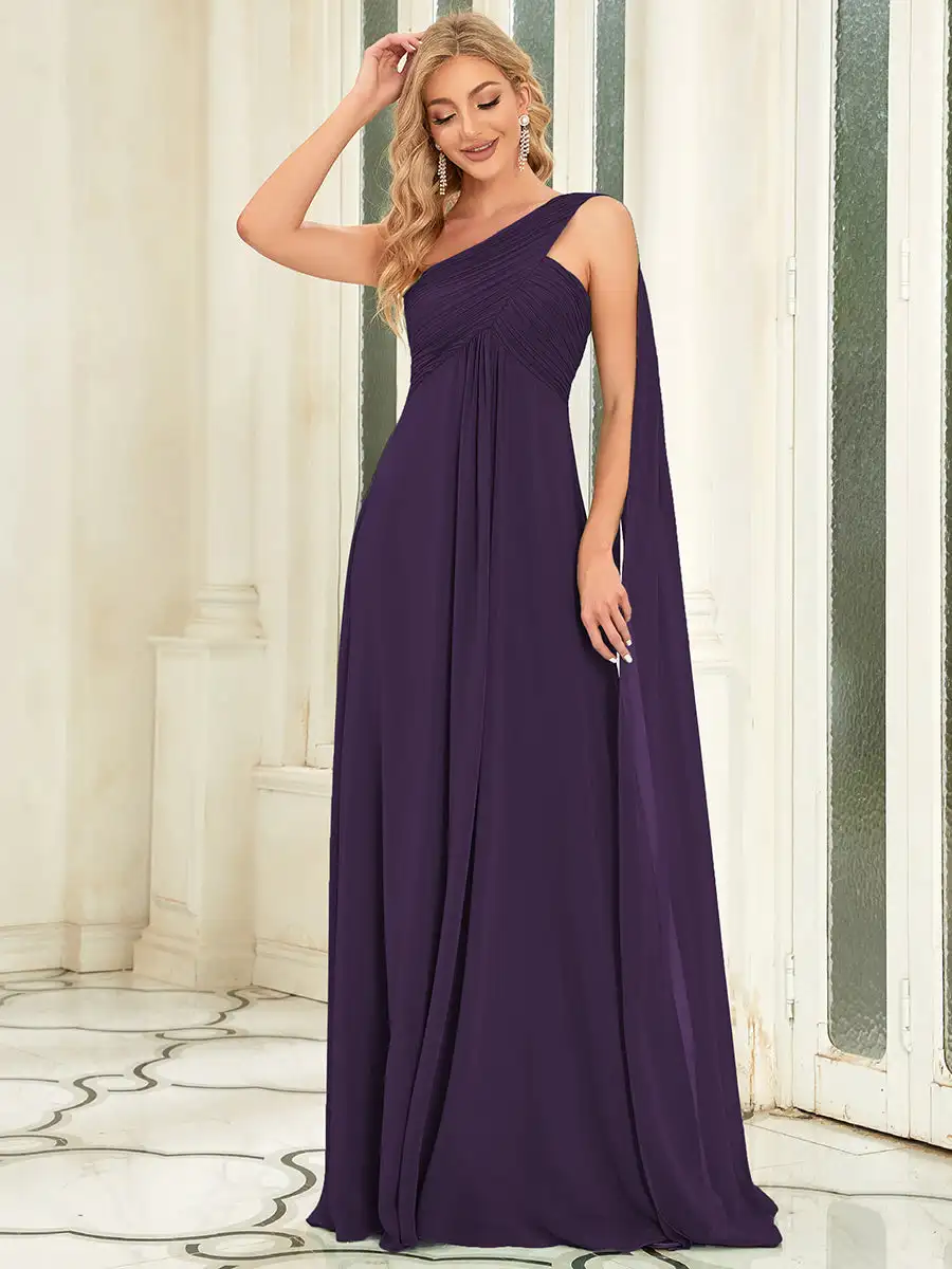 

Elegant Evening Dresses Long One-Shoulder Ruched Side Draped 2024 Ever Pretty of Chiffon A-LINE Dark Purple Bridesmaid Dress