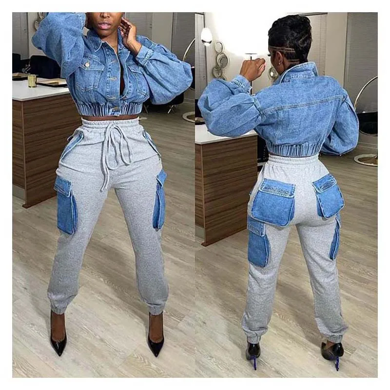 

Women Streetwear Fashion Denim Patchwork Winter Cargo Pants