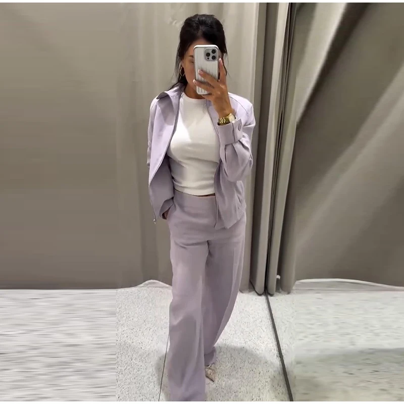 Damen-Hosenanzüge mit Rollkragen-Langarmjacken, Reißverschluss-Mänteln, Midi-Ballonhosen, Herbst-Outfits für Frauen, Einfarbig und Locker Geschnitten, Neu – Detail 11