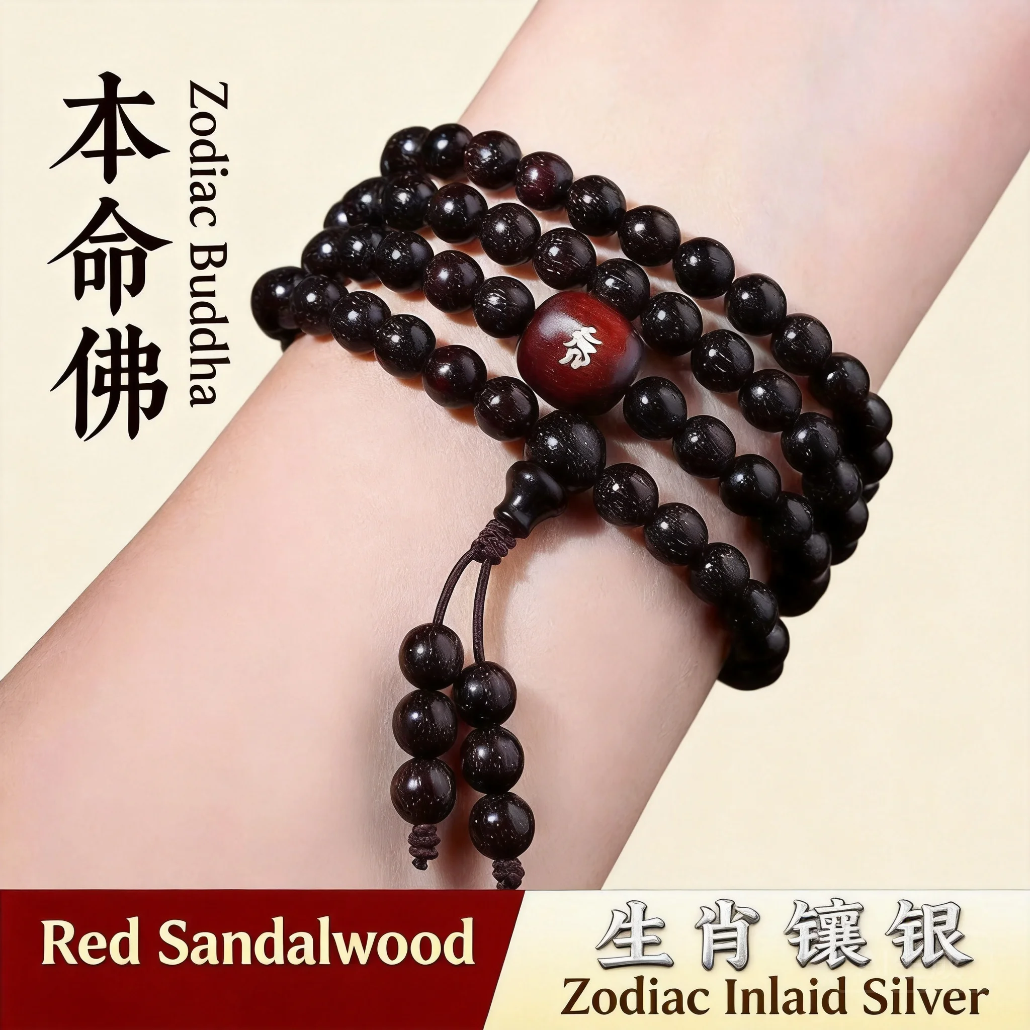 Chinese Style Lucky Venus Spots Small Leaf Red Sandalwood 108 Mala Beads Bracelet Zodiac Patron Buddha Blessing Good Luck Prayer
