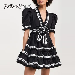 TWOTWINSTYLE Casual Colorblock Spliced Lace Up Dress For Women V Neck Short Sleeve High Waist Elegant Dresses Female KDR506838