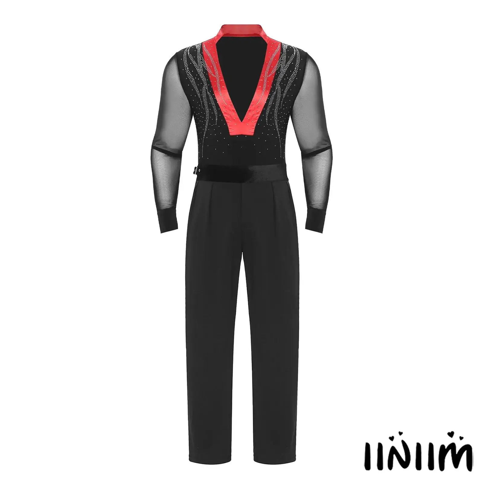 

Mens Lyrical Ballet Tango Dance Costume Sheer Mesh Long Sleeve Color Block Latin Bodysuit with Long Pants for Gymnastics Salsa