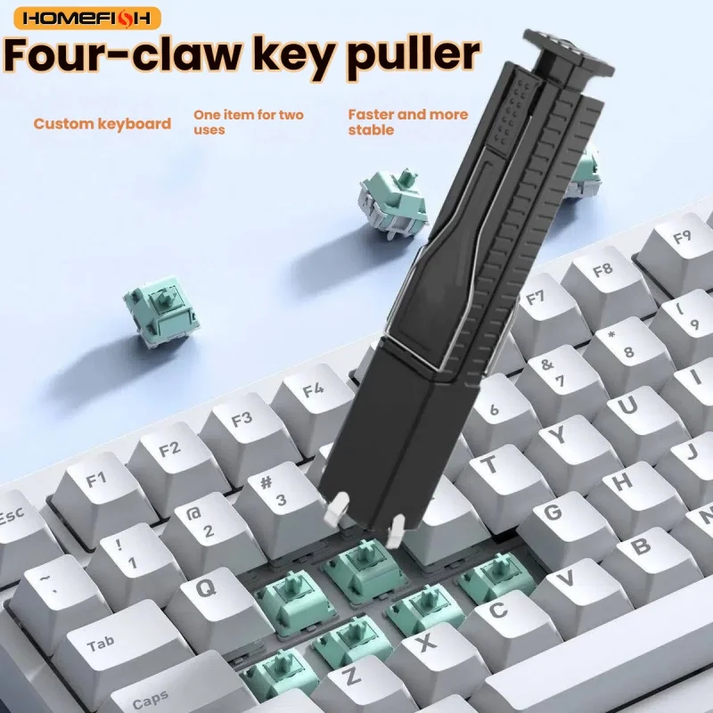 Extrator de teclas de teclado com 4 garras, para remoção de teclas e switches de teclados mecânicos, ideal para limpeza e reparo de teclados.