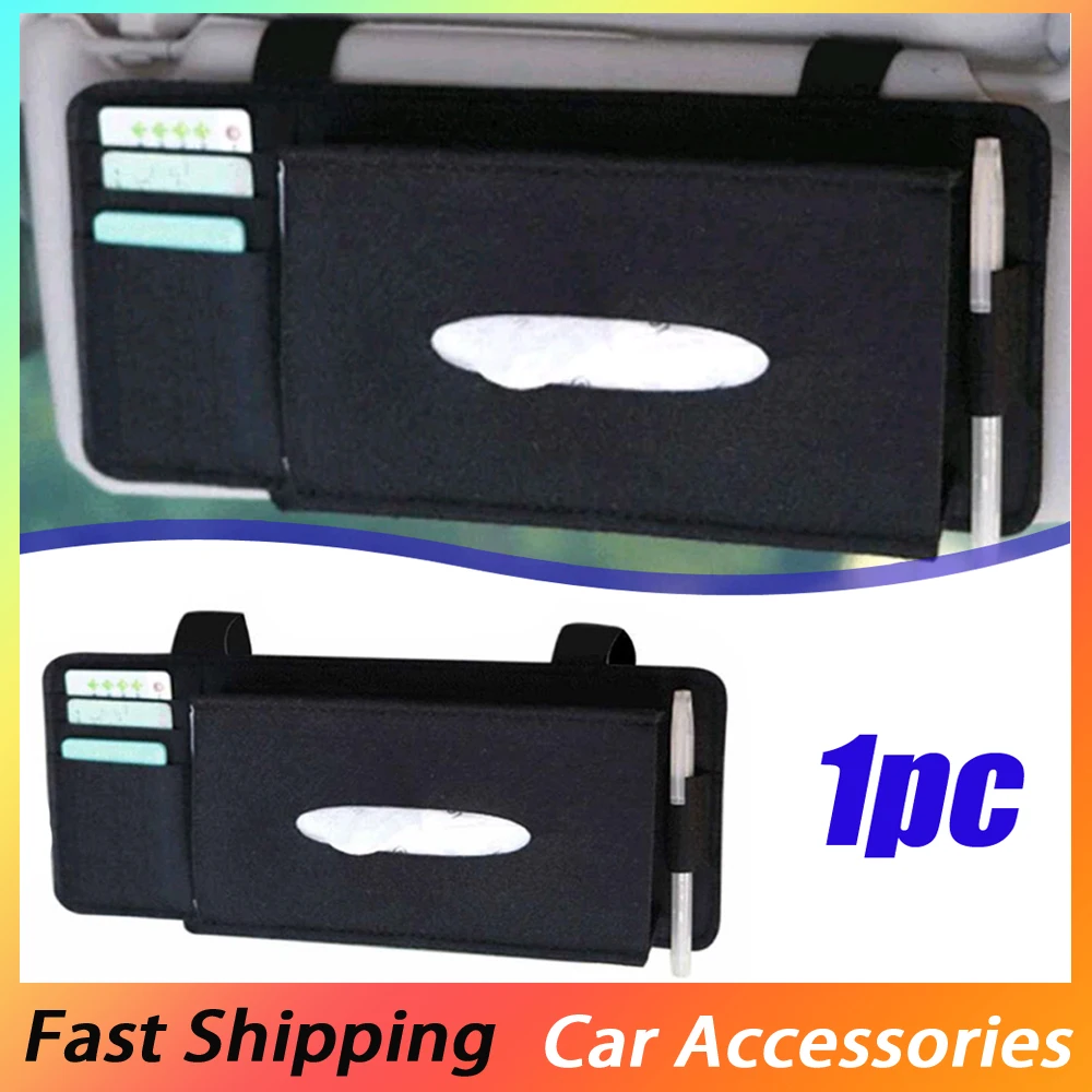 صندوق مناديل شامل لتظليل السيارة ، تخزين سيارة سوداء ، حقيبة منظمة ، واقي شمس ، منشفة ورقية ، ملحقات داخلية للسيارة ، 1 روض