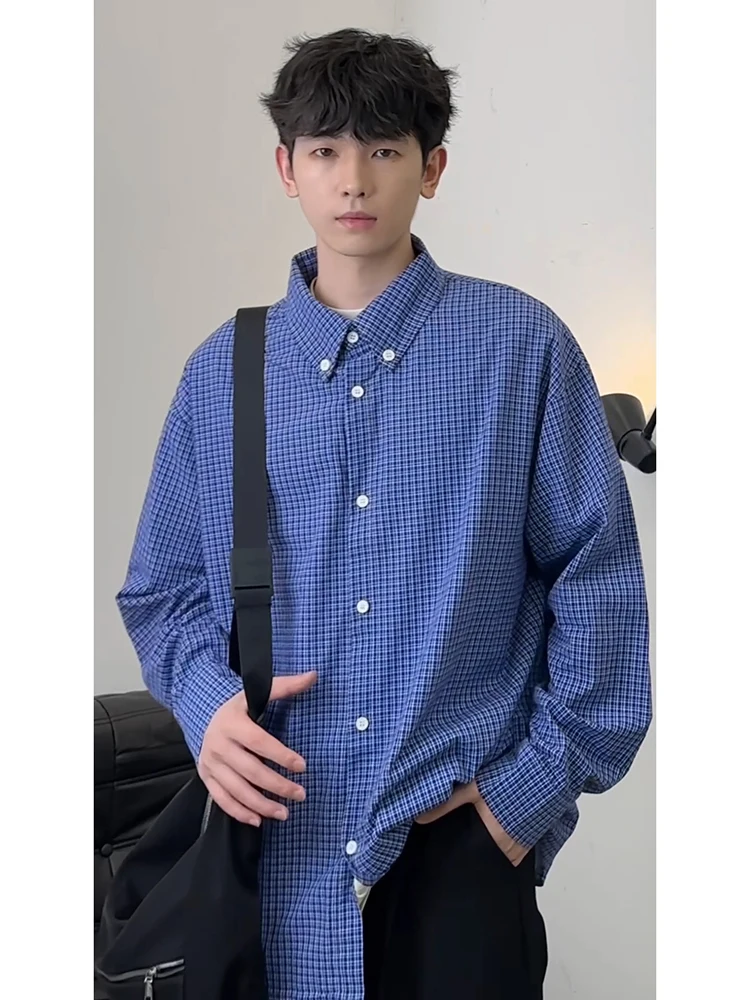 

Синяя клетчатая рубашка для мужчин, весенне-осенняя, в американском ретро-стиле, британский преппи-стиль, из смеси хлопка и полиэстера, с длинными рукавами.
