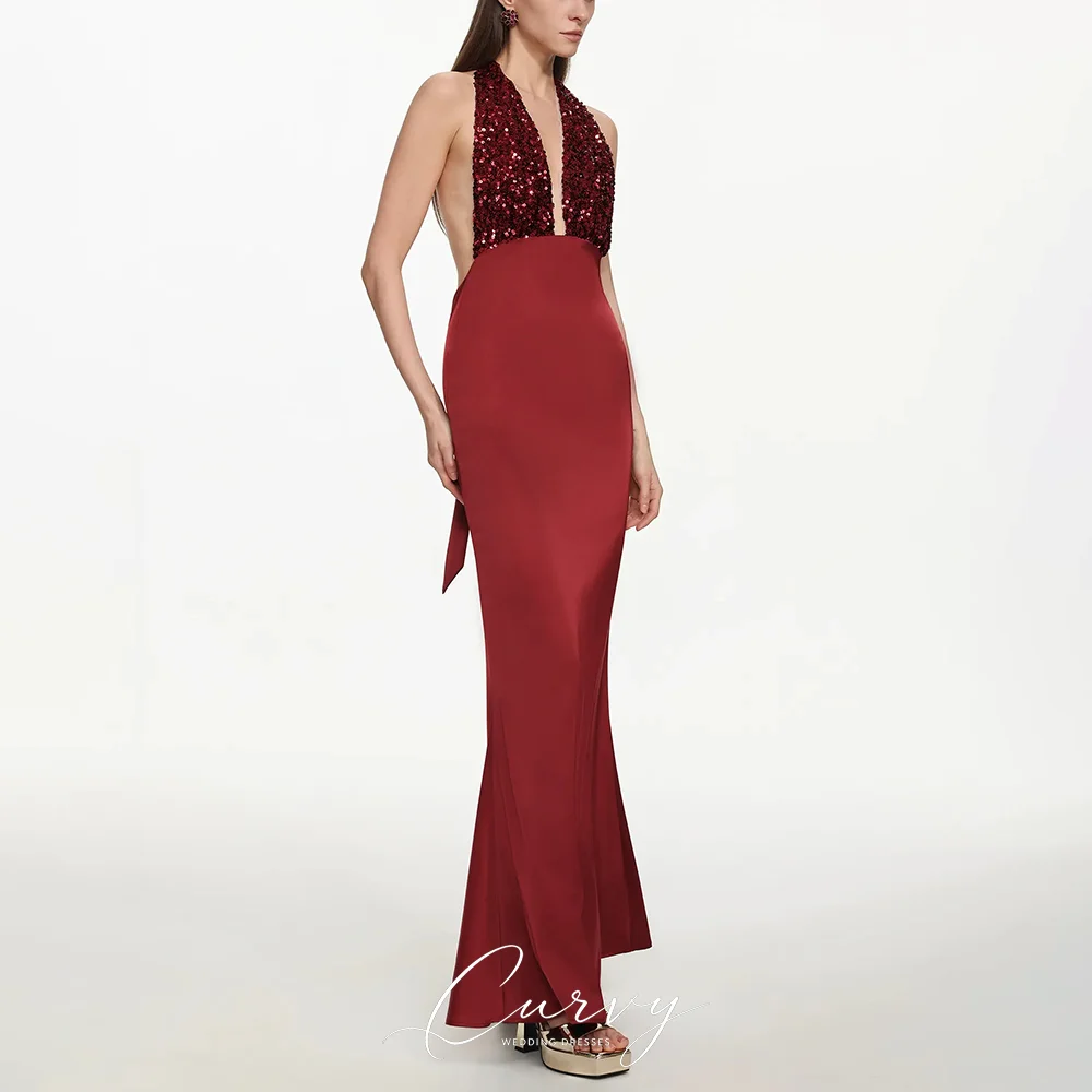 Curvy Wine Red Sequin Patchwork Customized Halter Sequin Deep V Neck Open Back Elegant Evening Dresses for Women Formal Event
