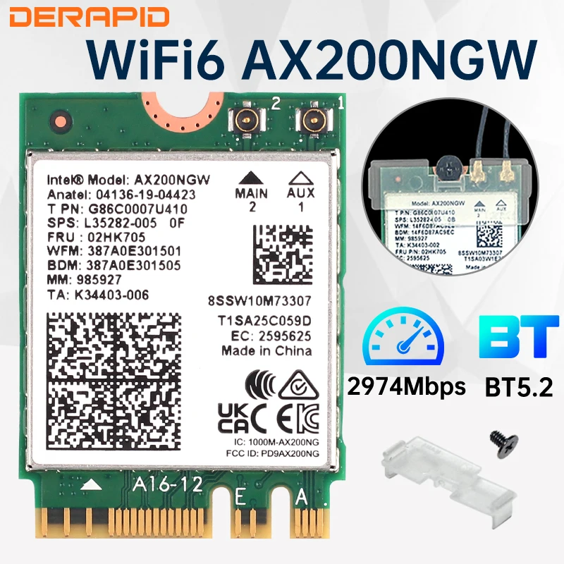 

WiFi 6 AX200NGW M.2 WiFi-адаптер Bluetooth 5,2 2400 Мбит/с 802.11ax AX200NGW MU-MIMO BT5.2 2,4G/5Ghz WiFi6 Карта Win 10 11/Linux