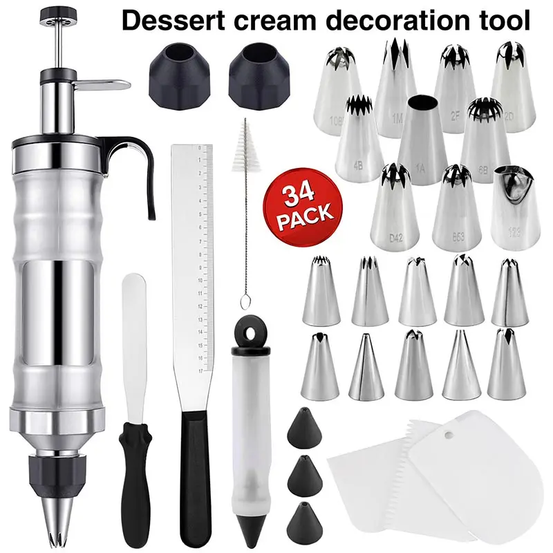 

34 Piece Sets Handheld Piping Gun Set,Metal Decoration Cookie Cake Making Mounting Syringe,Baking Tool,Puff Cream Filler