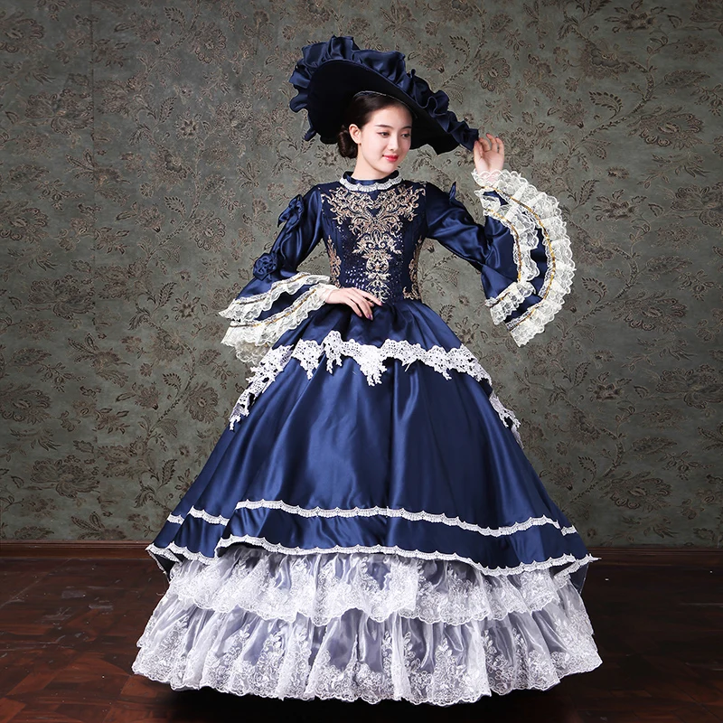 Suknie wieczorowe w stylu średniowiecznym, renesansowym i wiktoriańskim, na bal maskowy, studniówkę, imprezę lub do teatru, z możliwością personalizacji, w kolorze niebieskim.