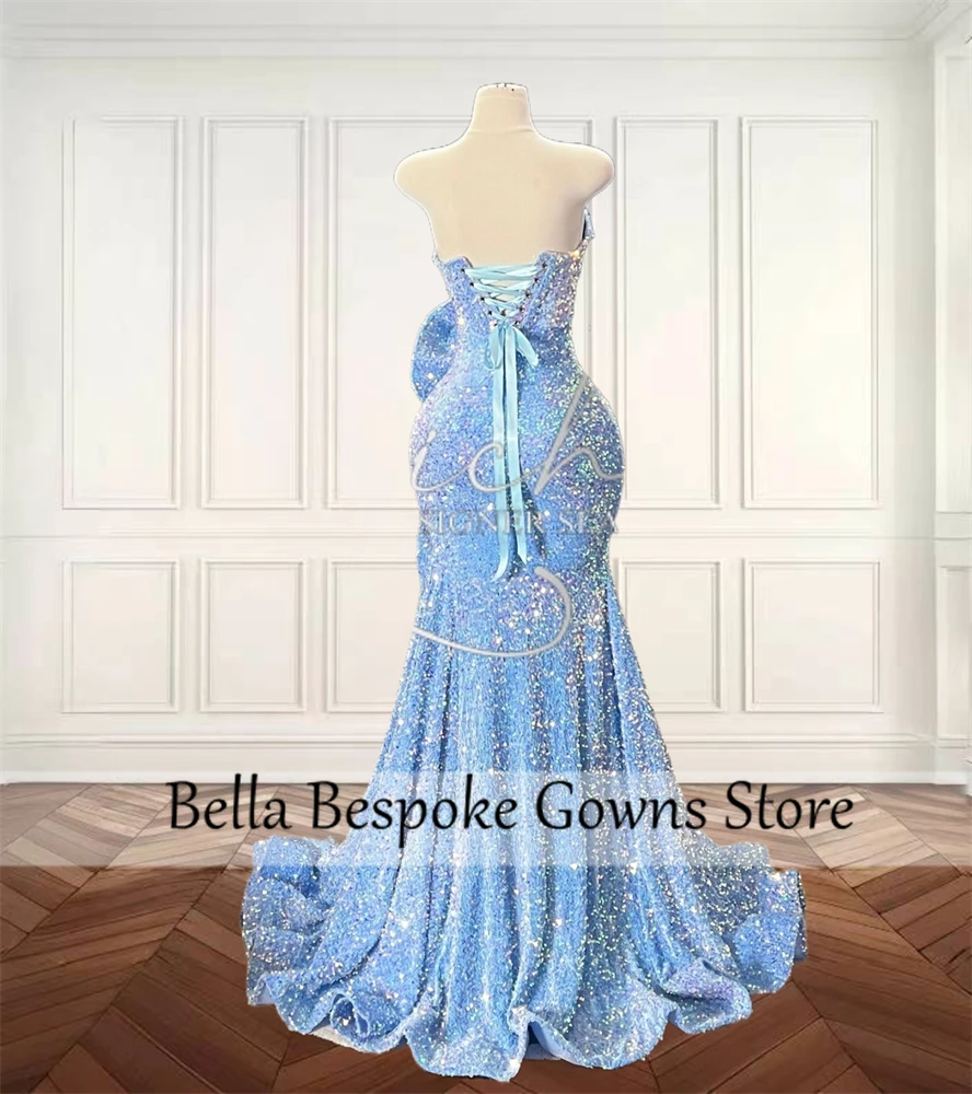 Vestidos largos de fiesta con lentejuelas azules brillantes, vestido de fiesta de cumpleaños de sirena con abertura alta, vestidos de desfile de belleza sin tirantes personalizados