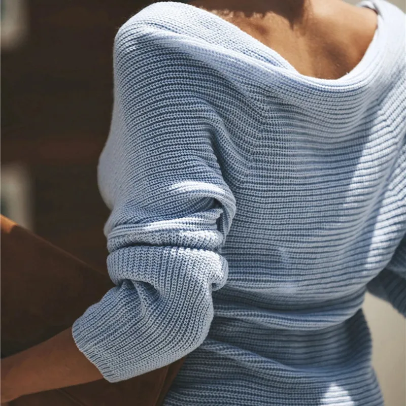 Winter Sexy Deep V-Neck Loose Jumpers Women Sweaters Off Shoulder Solid Color Long Sleeve Knitted Pullover Sweater Sueter Mujer