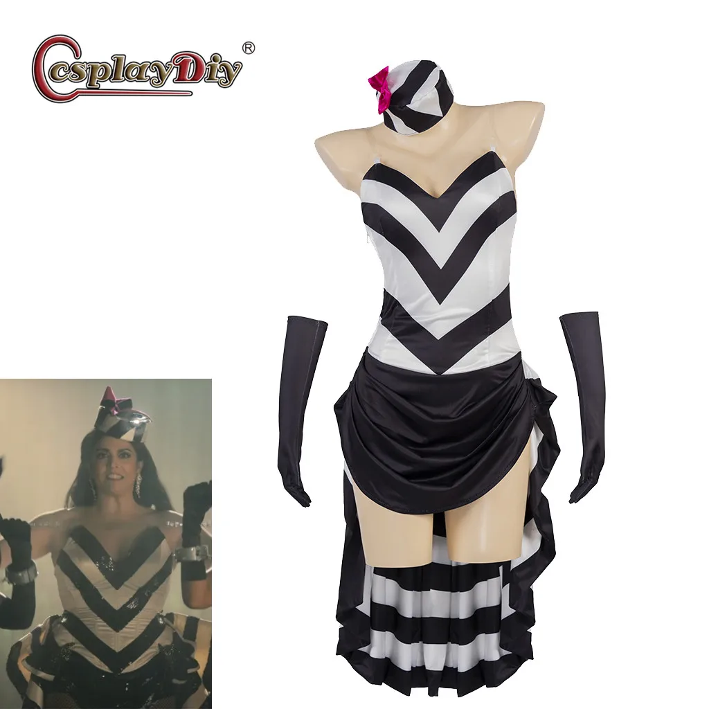 

Cosplaydiy Musical Schmigadoon Season2 Schmicago Costume Sexy Dress Black and White Striped Bustle Dance Dress Stage Performance