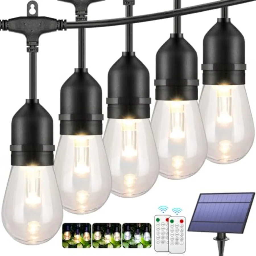 3-Color in 1 Solar String Lights Outdoor Waterproof Dimmable, 48Feet Remote LED Patio Lights, 15 Hanging Sockets Shatterproof L