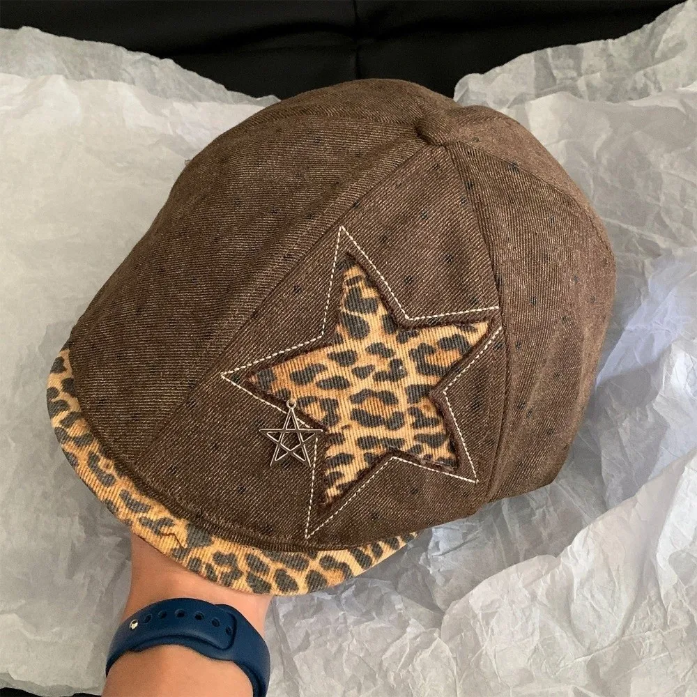 Unisex-Beret mit Stern- und Leopardenmuster, verstellbare Retro-Newsboy-Mütze, Y2K-Baseballkappe mit Polka-Dot-Muster, weiche Baseballmütze für die Arbeit – Detail 3