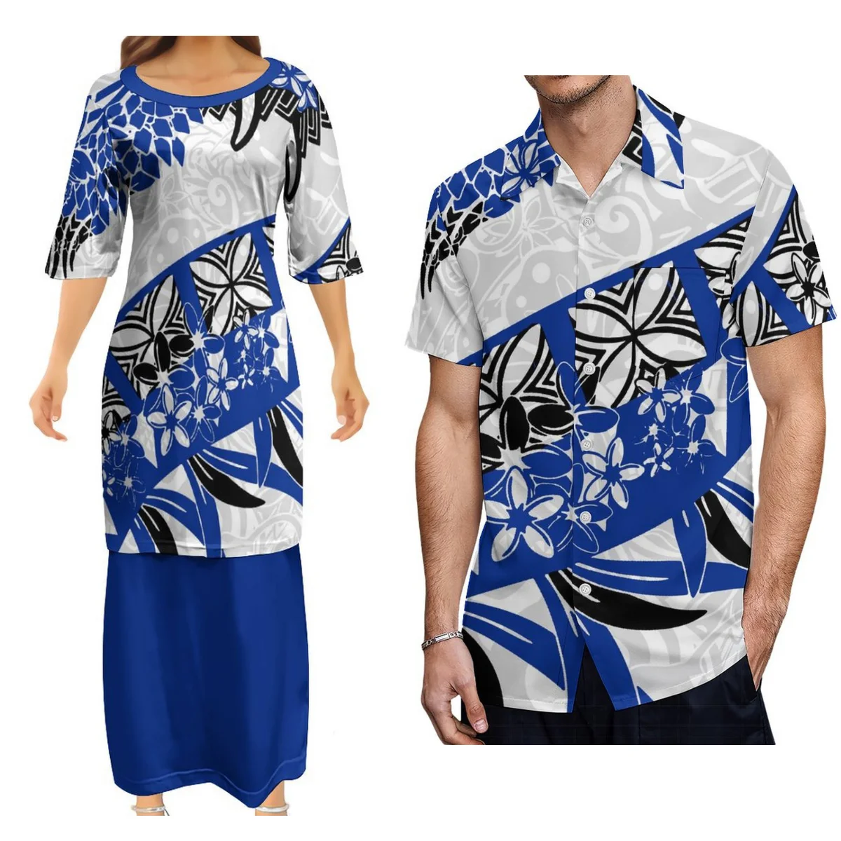 High Quality Breathable Lady\'S Puletasi Dress And Men\'S Aloha Shirt Polynesian Design Patterned Couple Suit