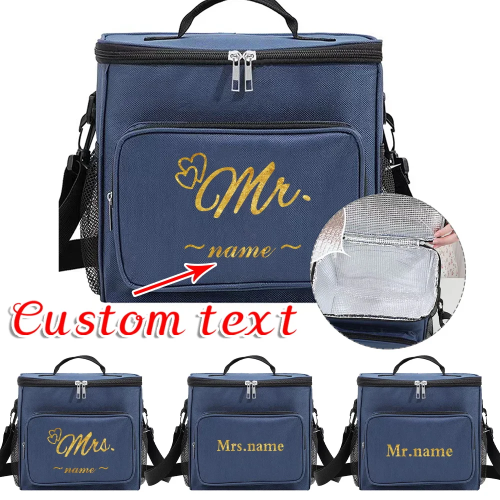 Customized Name Blue Lunch Bag Lunch Box Insulated Handbag Waterproof Camping Storage Box Refrigerated Food Storage Box