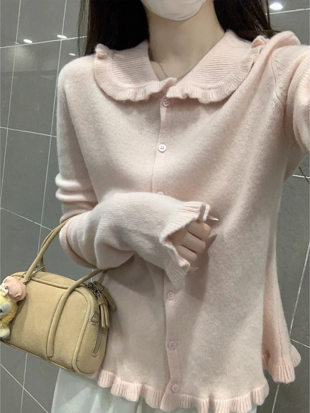 

Elegant Long Sleeve Knitted Sweater with Ruffle Collar for Women Spring Autumn Slimming Soft Style Polyester Fiber Blouse