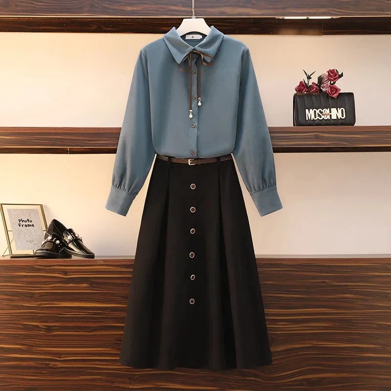 Long sleeved autumn dress 2021 new mini-fat French blouse plus-size women's fat sister show thin meat set two-piece set