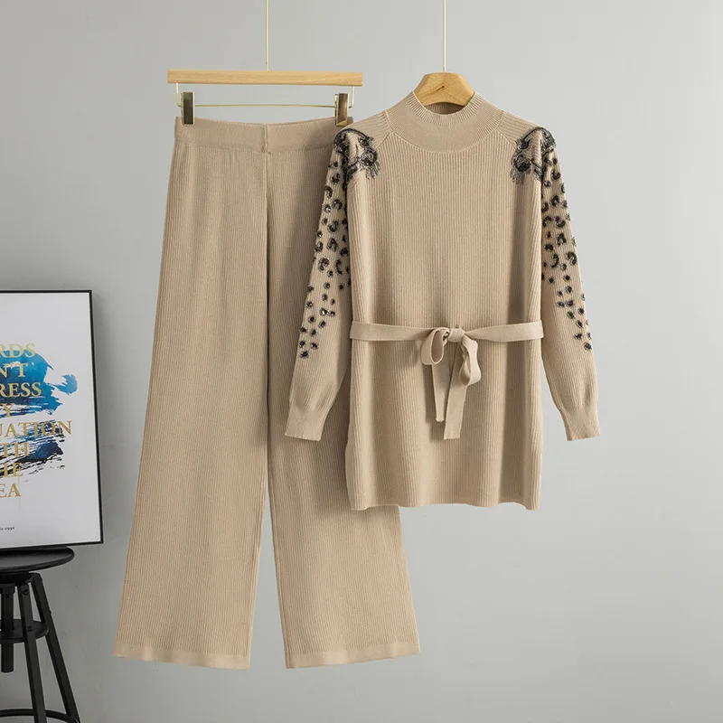 

Female Pant Sets Sweaters Women Jumpers Knitted Print Casual Wide Leg Ankle Length Pants Pockets Spliced Loose Spring 2026