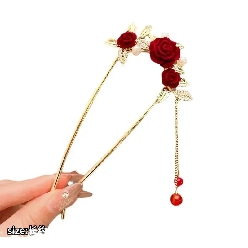 New Chinese Style Red Rose U-shaped Tassel Hairpin Womens Horse Face Skirt Accessories Headwear