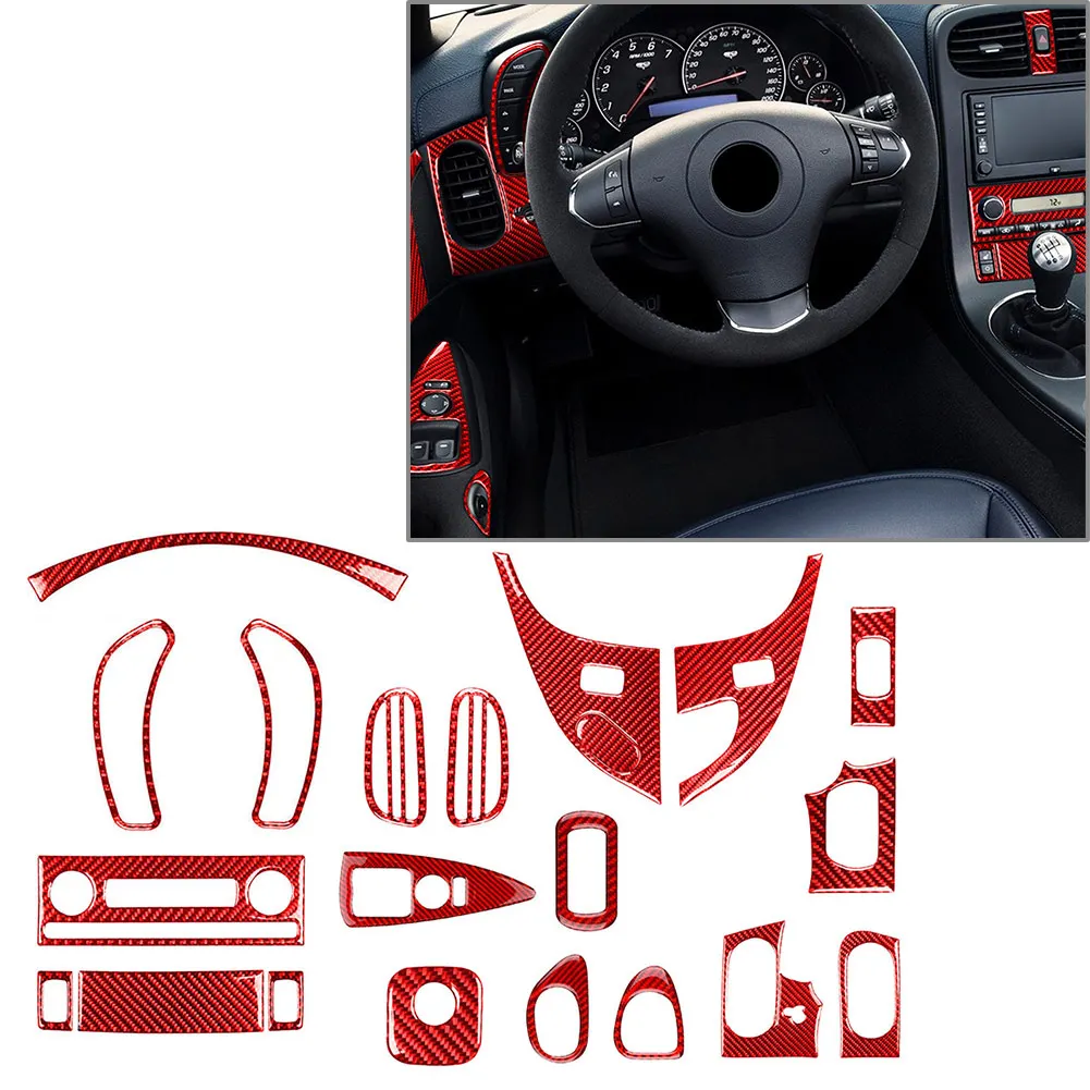 21Pcs Red Carbon Fiber Car Full Set Interior Cover Trim For Chevrolet Corvette C6 2005 2006 2007 2008 2009 2010 2011 2012 2013