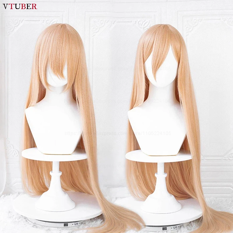 High Quality Anime Makima Power Cosplay Wig 100cm Long Orange Pink Heat Resistant Synthetic Hair Party Role Play Wigs + Wig Cap
