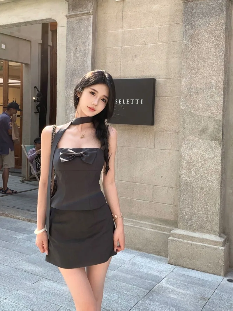 

Shpmishal Korean Fashion Grey Bow Strap Top 2024 Women's Summer New Waistband Short Half Skirt Two Piece Set Female Clothing