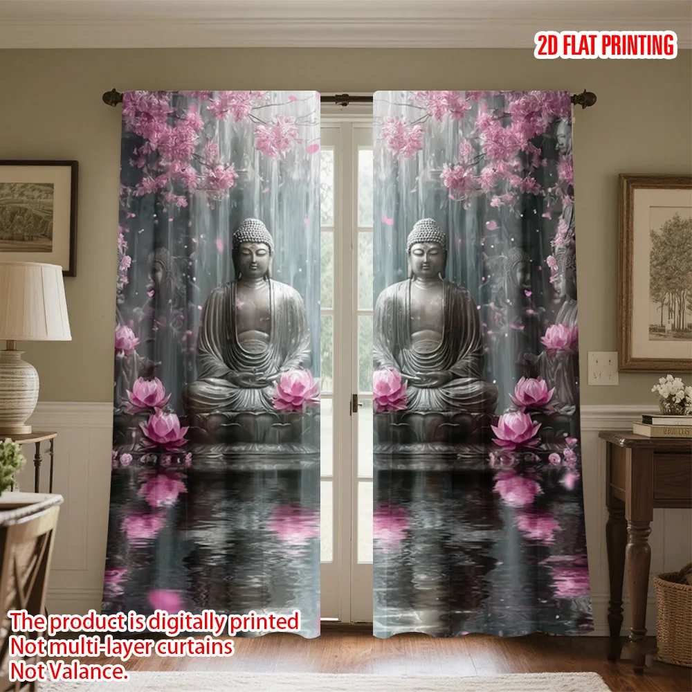 

2pcs 2D flat printing Curtains Buddha Statues Sitting in a Pool Durable Polyester Without Electricity Party Decorations Perfect