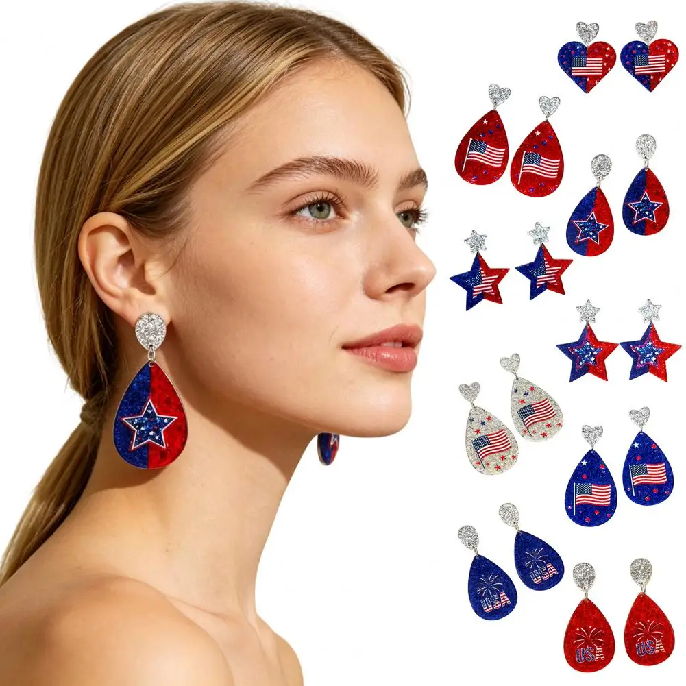 Comfortable Earrings American Usa Flag Earrings for Women Patriotic White Blue Cubic Zircon Dangle Drops 4th of July