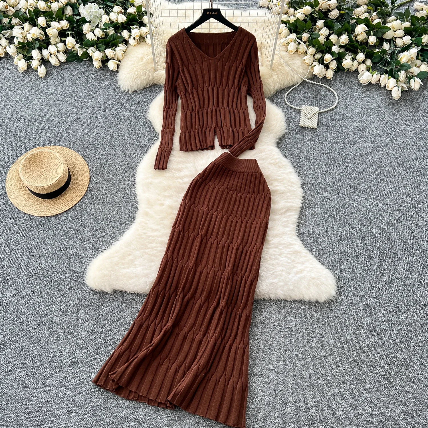 Chic Knitted Women Two-Piece Sets Basics V-neck Split Top and High Waist Skirt French Office High Street Autumn Winter Clothing