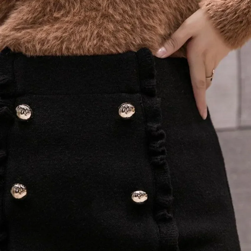 New Elegant Wool Knitted Skirt Women Office Lady Lace Patchwork High Waist Buttons Double Breasted Fashion Midi Skirts Clothing