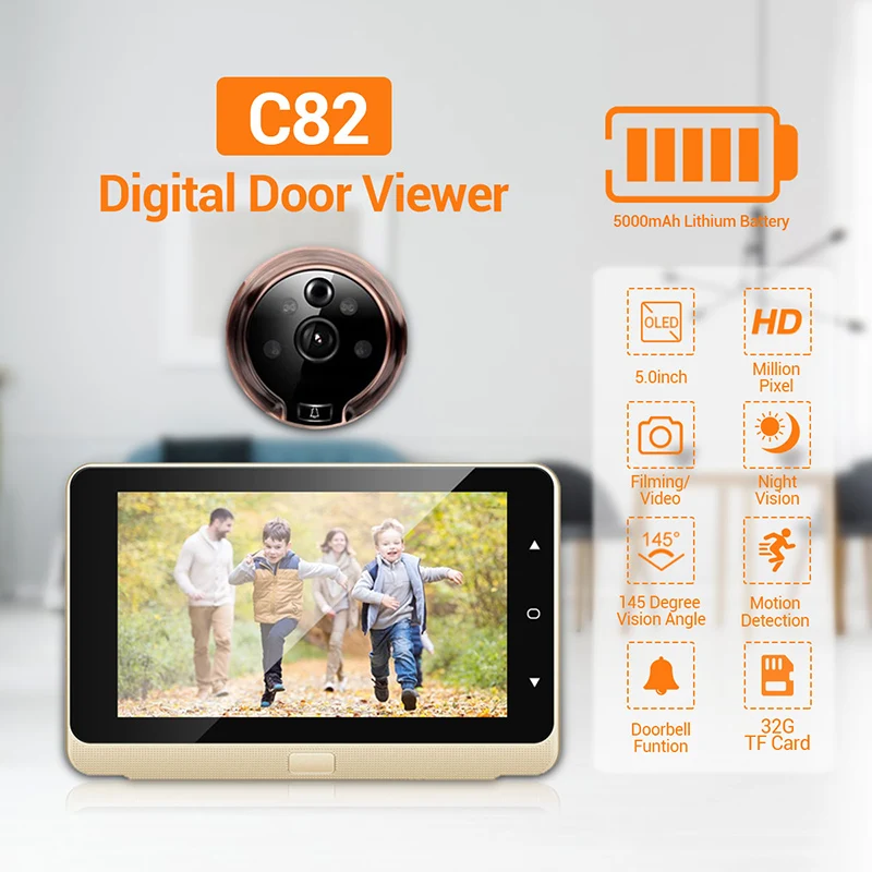 

ESCAM C82 Video doorbell Smart HD 720P 5 Inch Night Vision PIR Motion Detection Take Pictures And Videos Digital Doorbell Camera