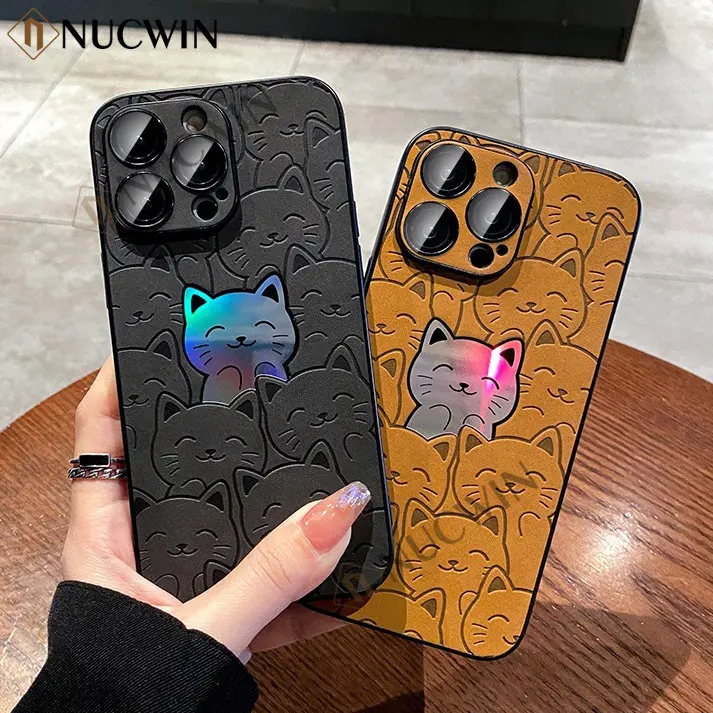 For iPhone 15 Pro Max Luxury Leather Laser Cute Cat and Dog Case For iPhone 11 12 13 14 Pro Max Glass Lens Protection Soft Cover