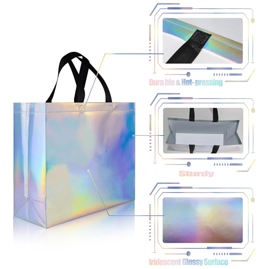 16/8 Pcs Glossy Iridescent Gift Bags, 27x32x10cm Reusable Goodie Bags Bulk with Handles & Sturdy Base, Gift Bags