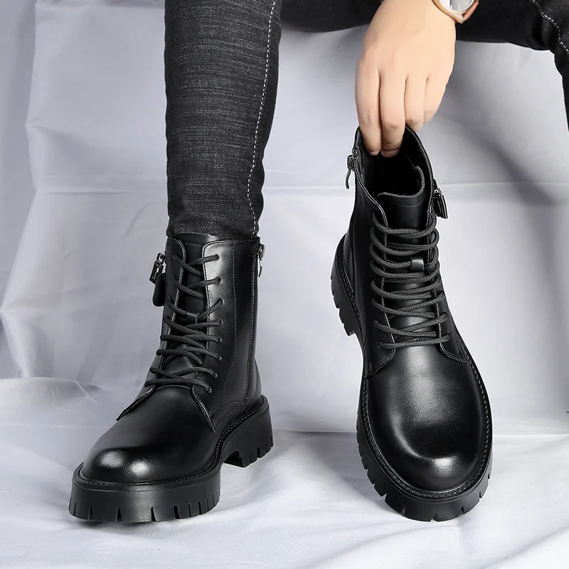 

Fashion British style thick bottom heightening zipper Martin boots big head leather shoes