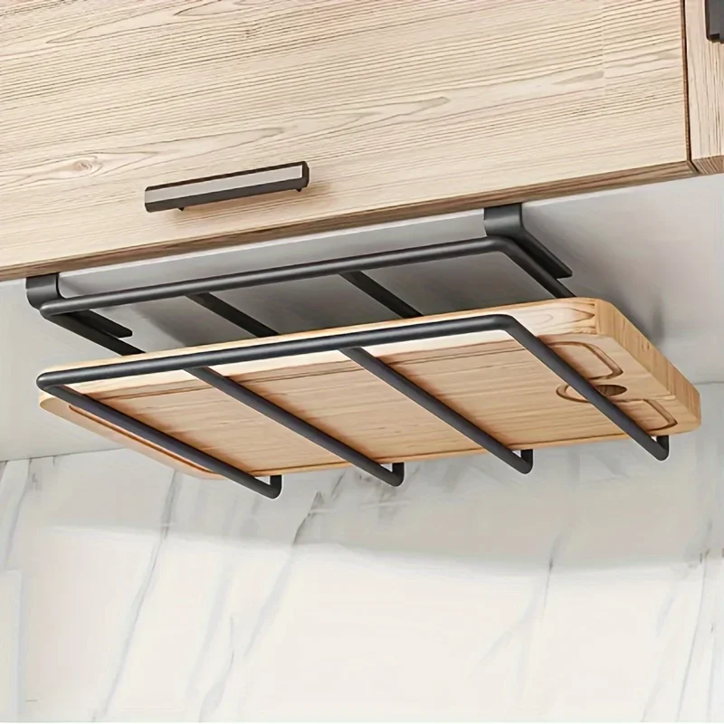 Kitchen Hanging Organizer Rack with Hooks Under Cupboard Paper Towel Rags Hanger Cutting Board Pot Cover Holder Storage Shelf