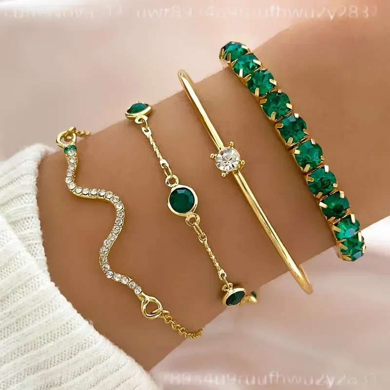 4pcs Elegant Green Faux Gemstone Rhinestone Snake Chain Claw Bracelet Set Open Bangle Jewelry for Women Sexy Fashion