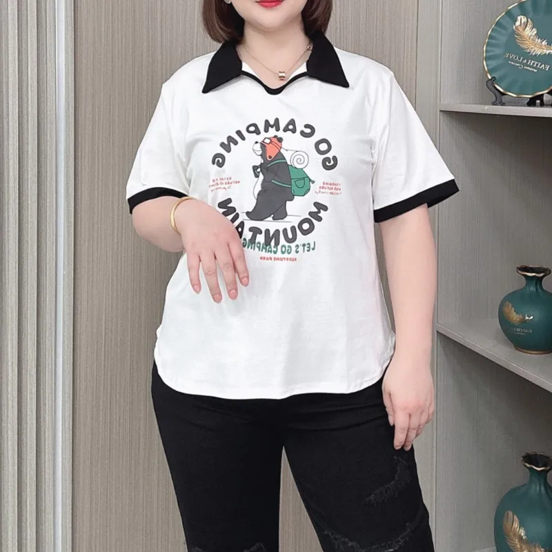 Summer New Lapel Short Sleeve T-shirt Women 2024  Plus Size Casual Relaxed Printed Top