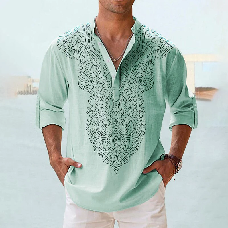 Ethnic Style 3D Print Henley Shirts Men\'s Fashion Vintage Oversized Stand Collar Long Sleeve Shirt Male Tops Blouse Man Clothing